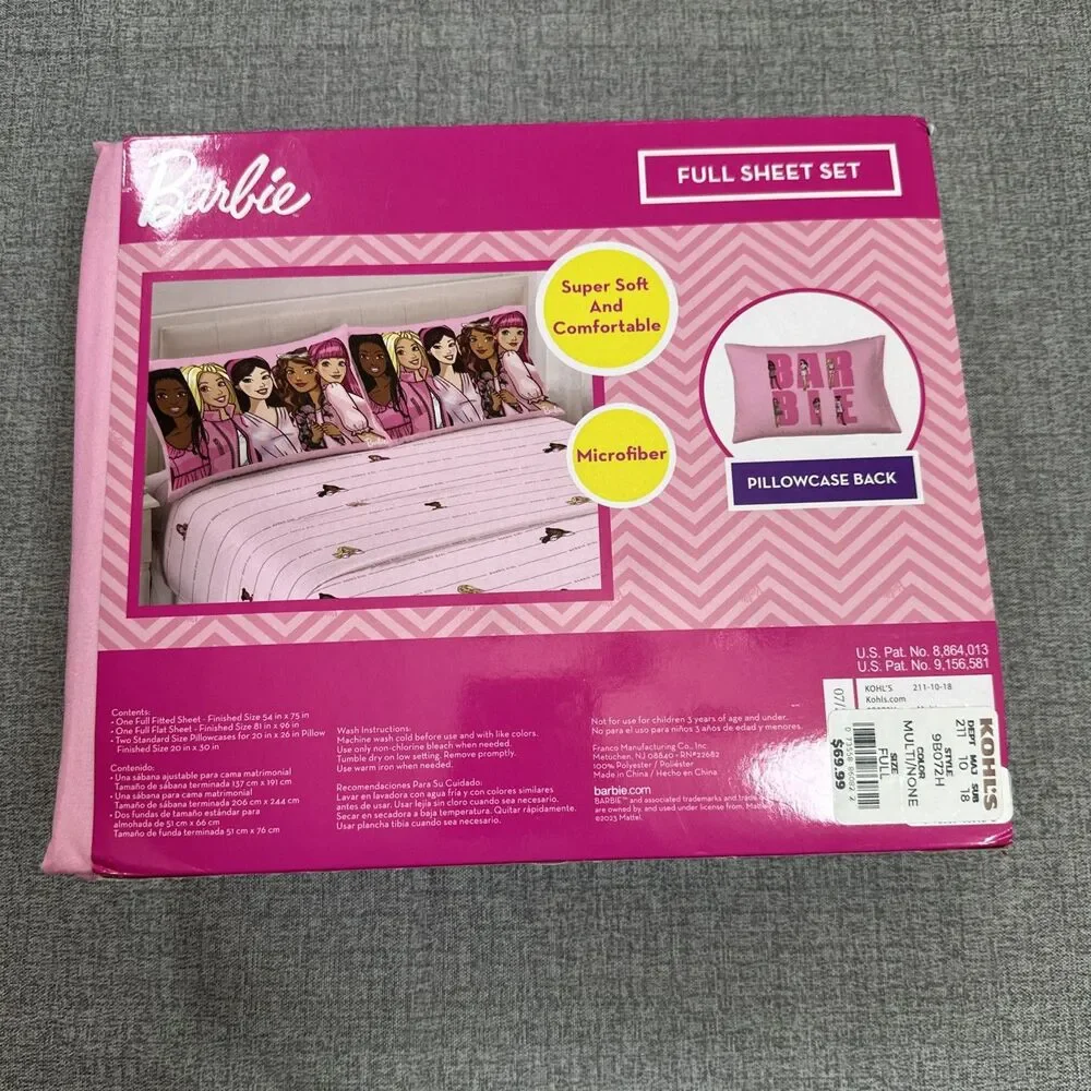 NEW BARBIE KIDS FULL SHEET SET FITTED FLAT 2 PILLOWCASE MICROFIBER